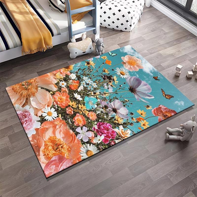 Bunter Blumendekor-Teppich mit Schmetterlingen Himmeldesign Teppich Geeignet für die Verwendung als Antirutsch für Wohnzimmer Schlafzimmer Sofas
