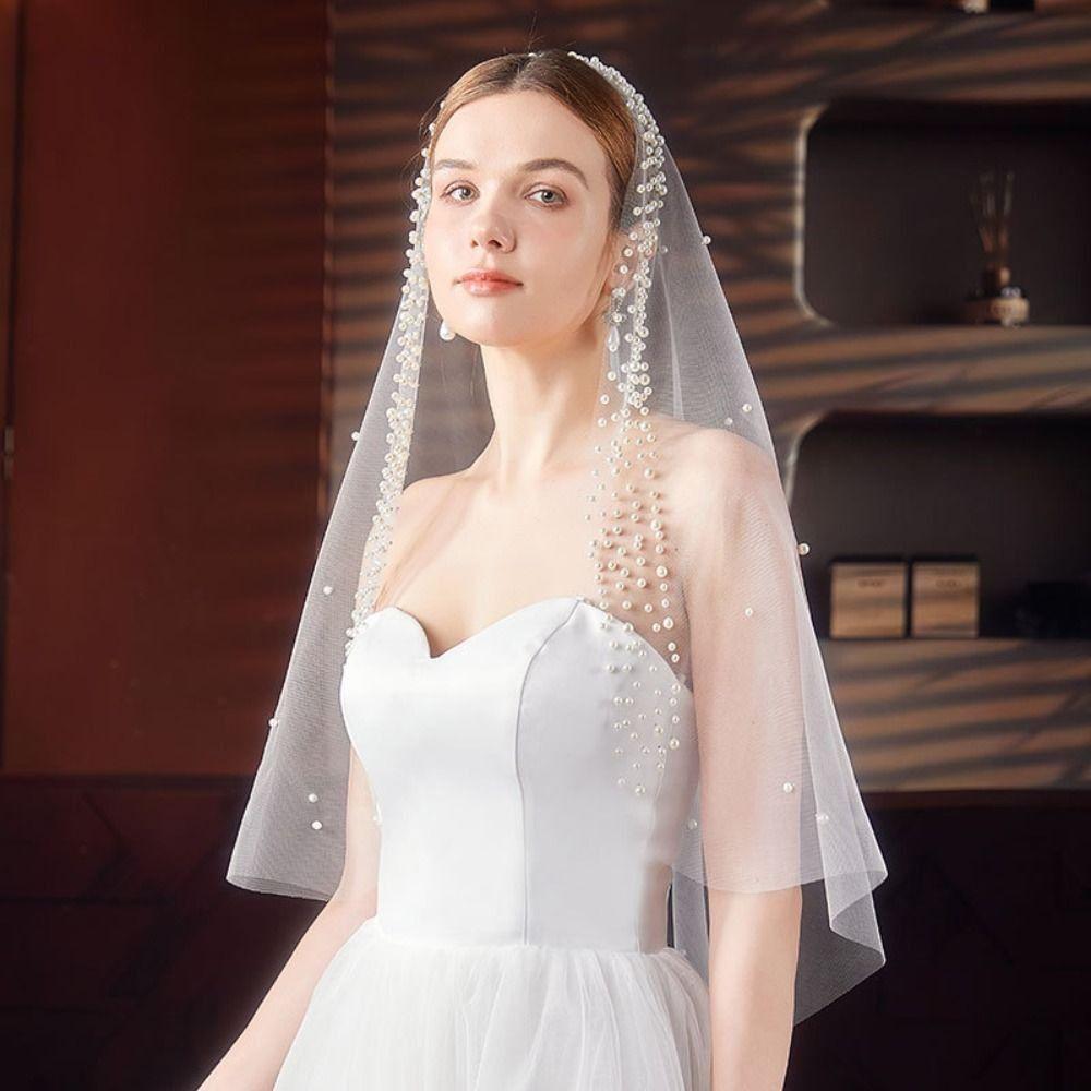 130cm Pearls Tulle Bridal Veil Vintage Waist Length Drop Veil Long Wedding Veil  Wedding Dress