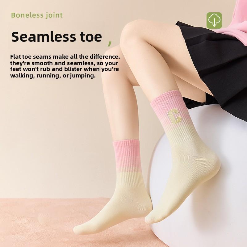 Gradient Socks, Spring and Autumn Cotton Socks, Boneless Mid-calf Sports Socks, Paired with Yoga Pants, Academic Style Long Socks for Women