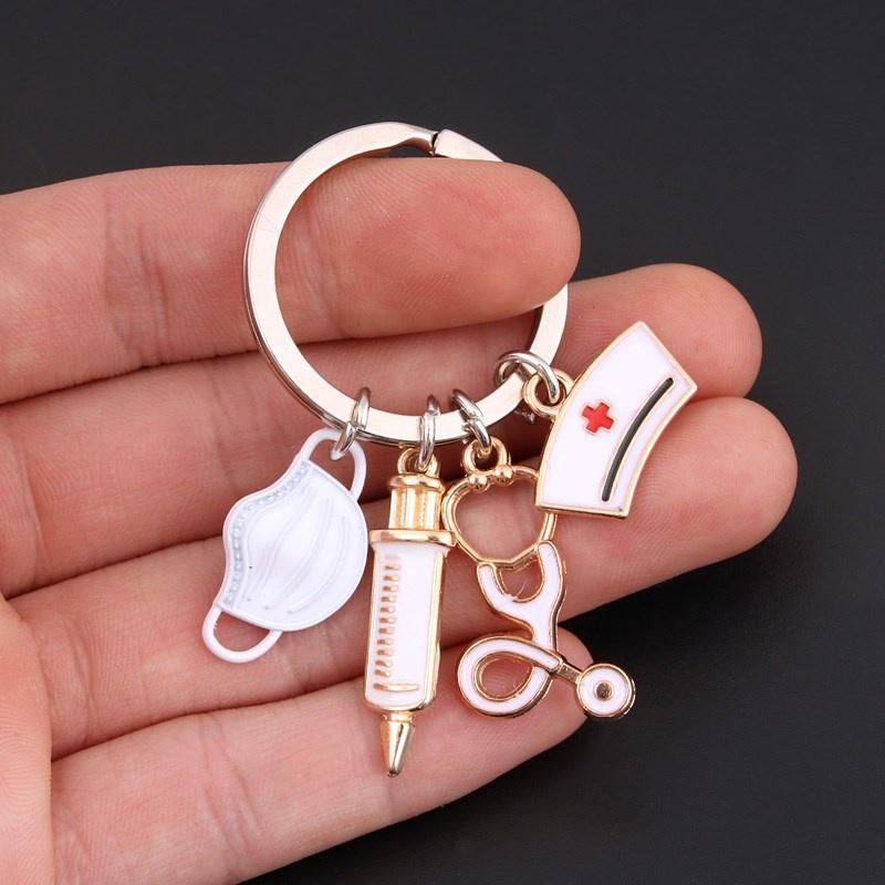 Doctor Keychain Medical Tool Key Ring Injection Syringe Stethoscope Nurse Cap Key Chain Medico Gift DIY Jewelry Handmade