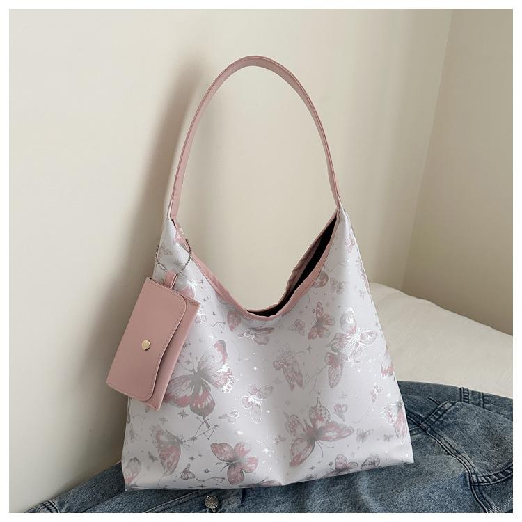 

Принт Бабочка Большая Вместимость Женская 2025 Лето Индивидуальность Новый Зарубежный Стиль Досуг Повседневная Сумка-Тоут На Плечо Под Мышку розовый