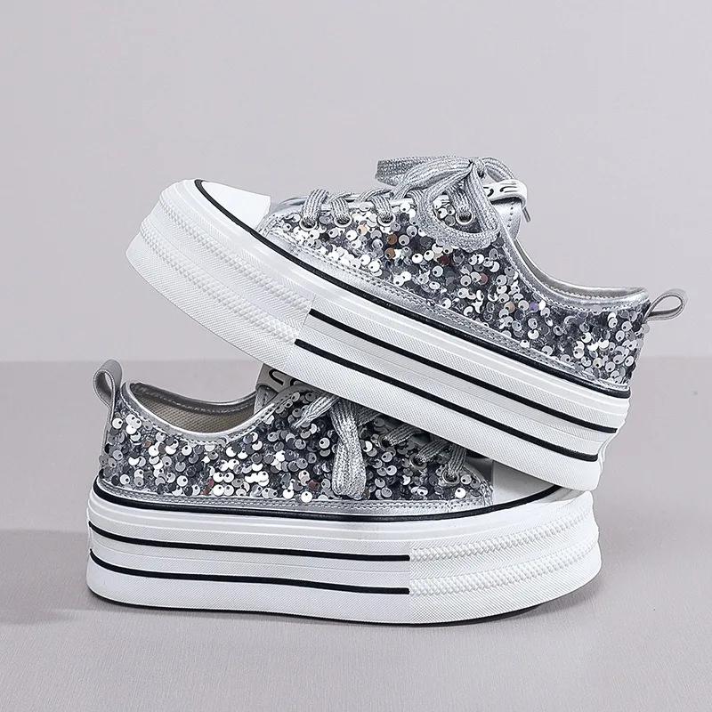 Women Canvas Vulcanized Shoes 2024 New Student Sequins With Thick Bottom Flats Running Shoes Sequin Female Casual Sneakers