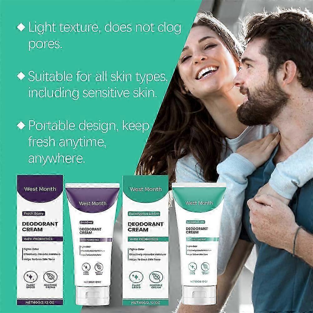 Natural Probiotic Deodorant Cream - Fresh Berry or Eucalyptus Mint, 60g, UK-Friendly Travel Size for Odour Control
