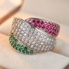 Vintage Inlaid Red Green White CZ Women's Ring Luxury CopperColor Geometry Daily Wear Party Jewelry Anniversary Gift