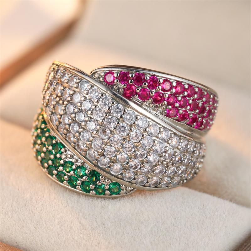 Vintage Inlaid Red Green White CZ Women's Ring Luxury CopperColor Geometry Daily Wear Party Jewelry Anniversary Gift