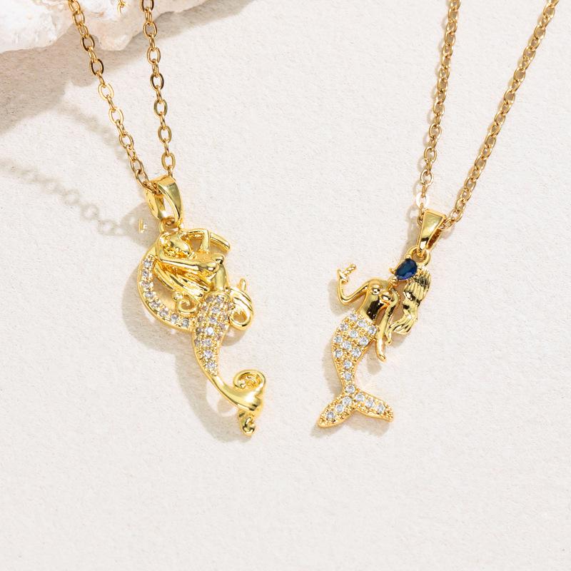 Nautical Copper Zircon Mermaid Tail Pendant Clavicle Chain Jewelry