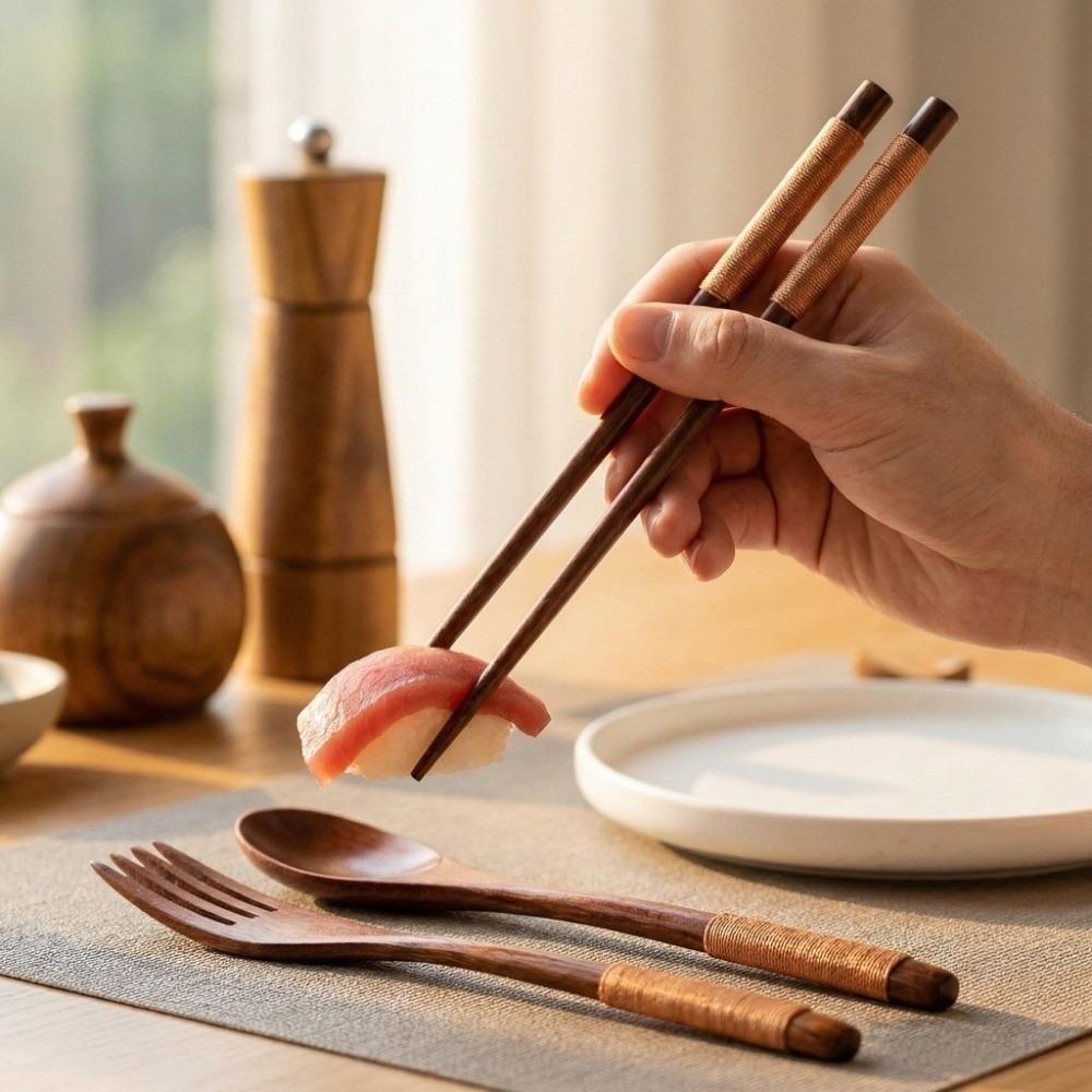 

3 Pcs/Set Reusable Wooden Flatware Set Lightweight Dining Tableware Set Camping Use Brown Rope