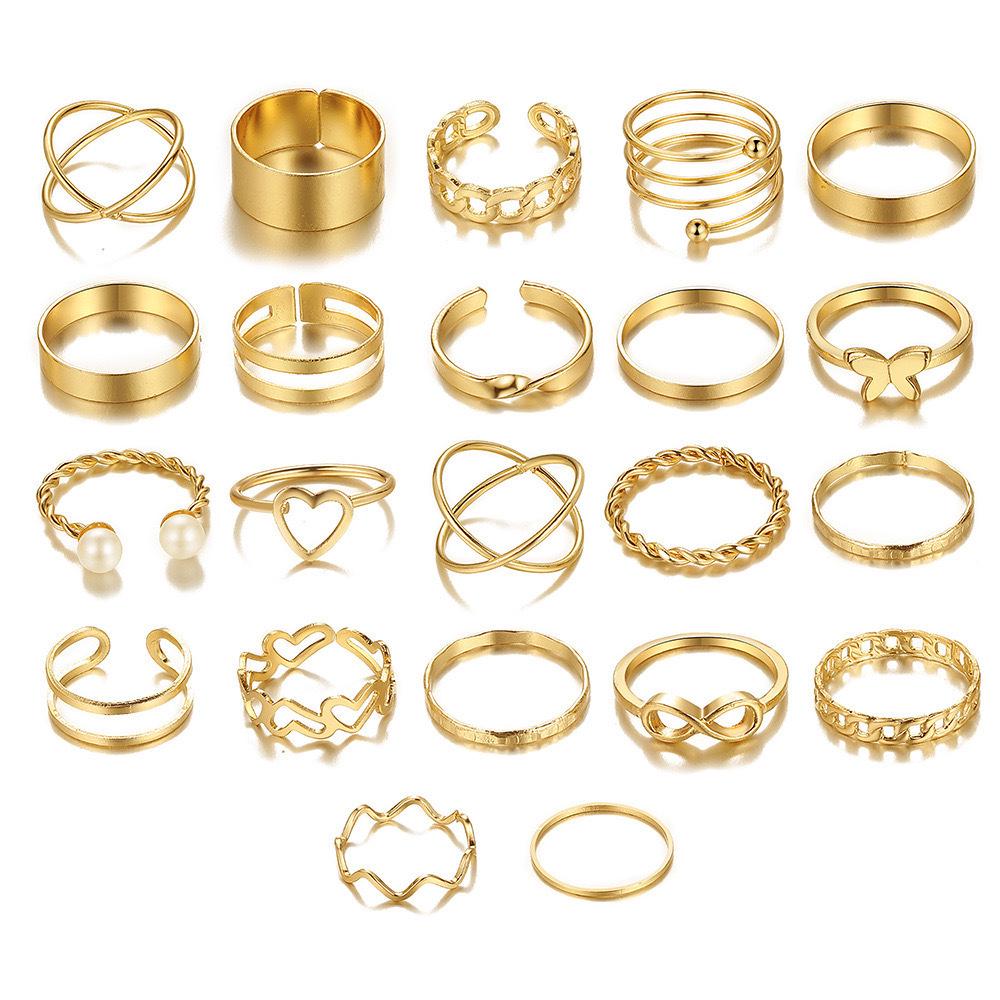 22-Piece Multi-Joint Ring Set for Women: Heart and Butterfly Designs