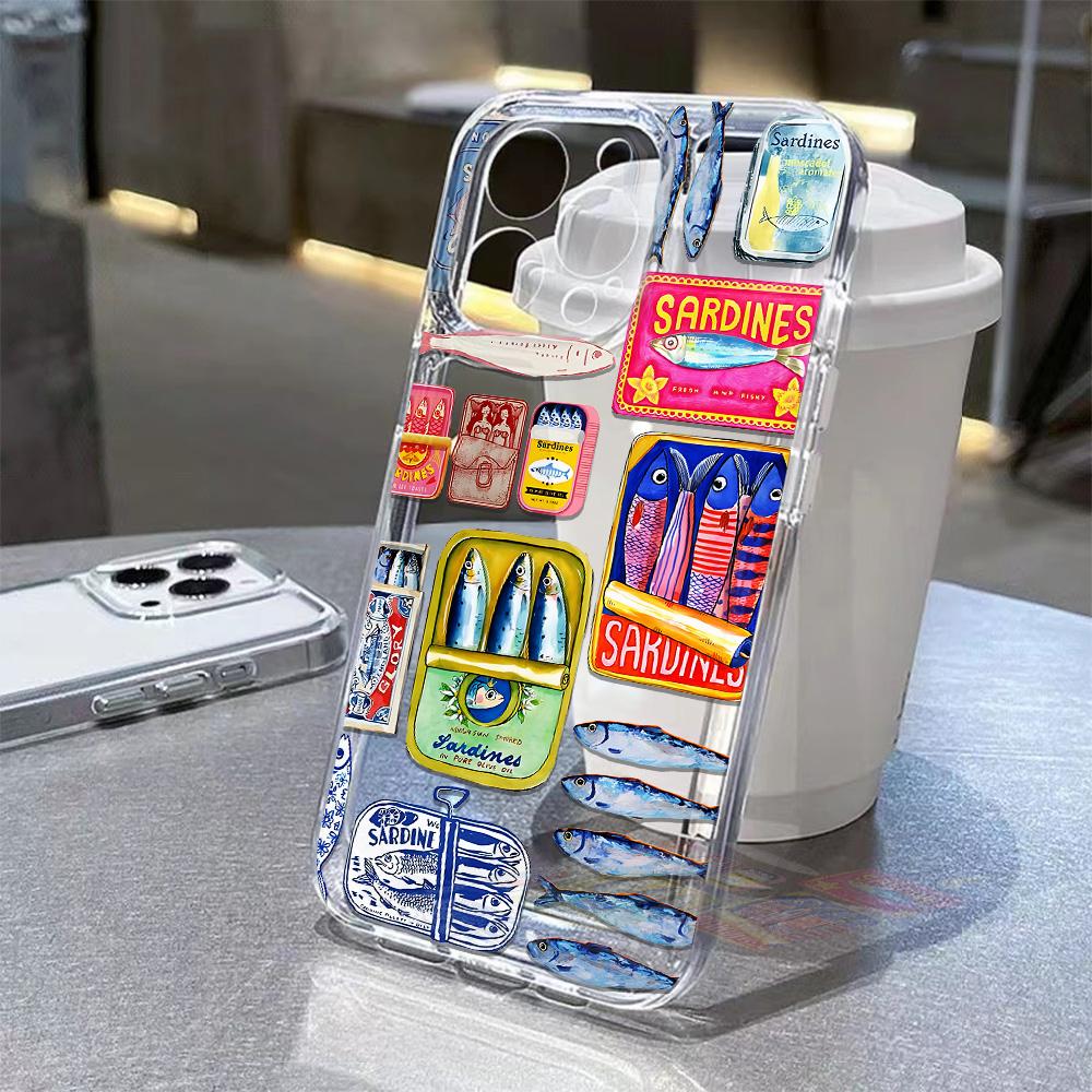 

Sardines Canned Phone Case For iPhone 17 16 16e 15 14 13 12 11 Mini Pro Max X XR XSMax 7 8 Air Plus Transparent Back Cover iPhone 16 Plus