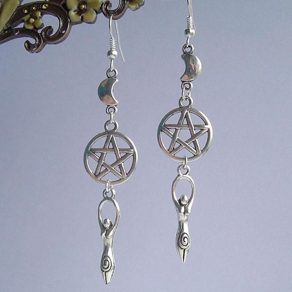Gothic Retro Mother Earth Goddess Five-pointed Star Moon Long Pendant Dangle Earrings for Women Halloween Pagan Witch Jewelry