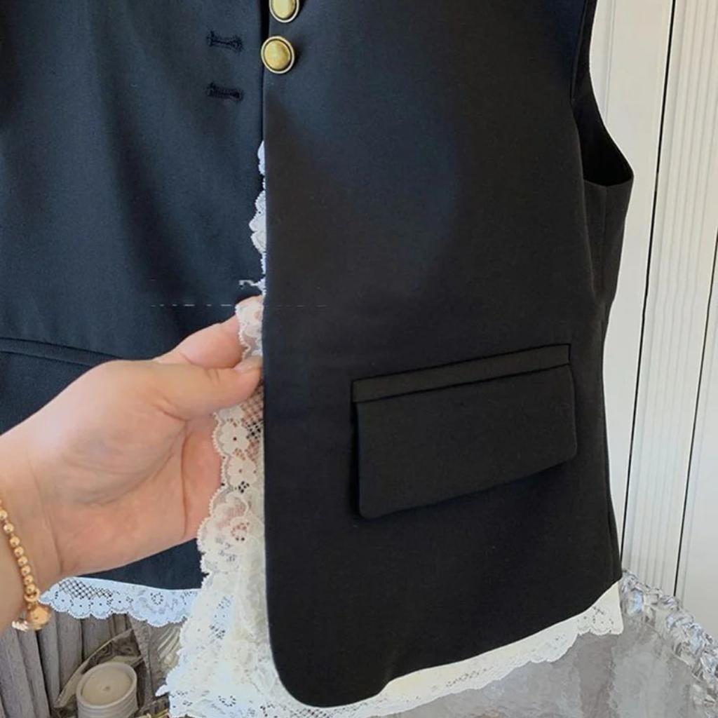 Damen Spitzen Patchwork Weste Koreanische O-Ausschnitt Lässige Ärmellose Jacken 2025 Damen Lockerer Weste Vintage Chic Oberteile Damenbekleidung