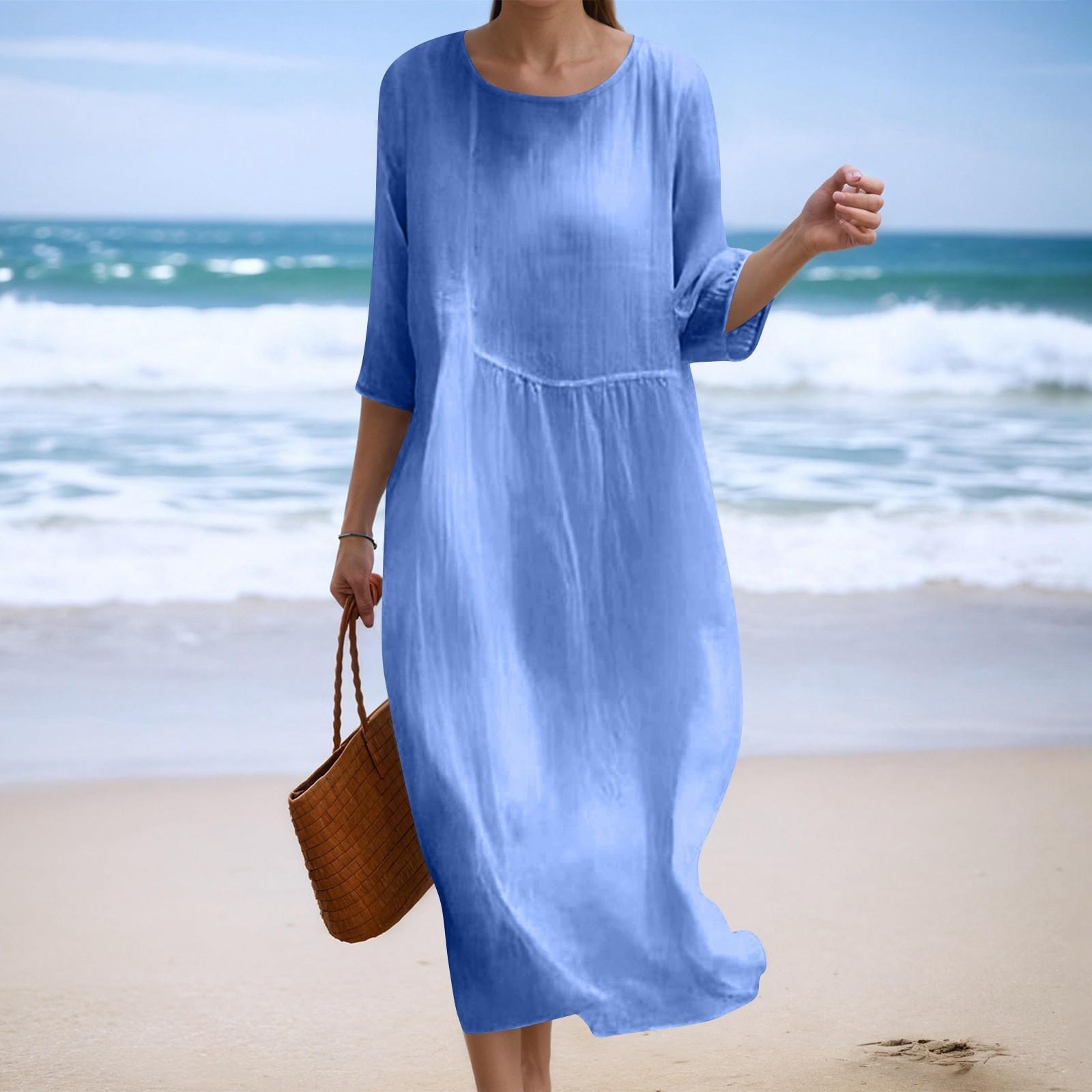 

Женское модное однотонное платье свободного кроя с круглым вырезом и рукавом три четверти XL синий