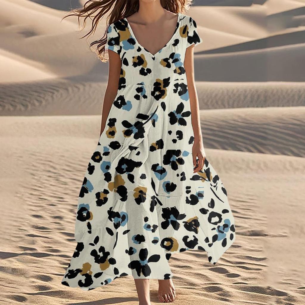 Women's Summer Fashion V-Neck Beach Long Short Sleeve Floral Printed Dresses