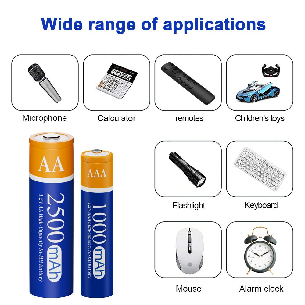 KEPTU Long-life 2500mAh 1.2V AA Rechargeable Batteries 1000mAh 1.2V AAA Battery Rechargeable Battery for Camera Toy Flashlight