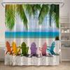 Tropical Beach Shower Curtain, Ocean Scenery with Palm Trees & Waves, Colorful Beach Chairs, Machine Washable