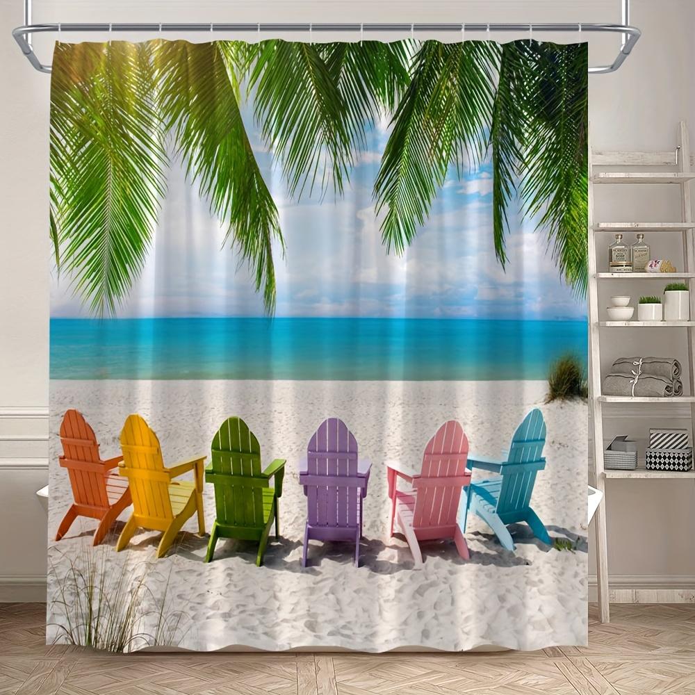 Tropical Beach Shower Curtain, Ocean Scenery with Palm Trees & Waves, Colorful Beach Chairs, Machine Washable