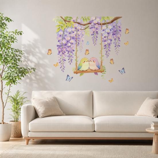 Watercolor Wisteria Birds Wall Decal, Self-Adhesive Residue-Free Window Sticker, Easy Apply Wall Sticker for Bedroom Kitchen Bathroom