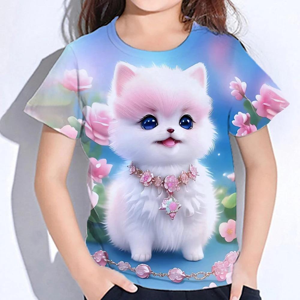 Sommer Kinder Cartoon Niedliche Katzen Tops T-Shirts 3D Floral Bedrucktes T-Shirt Kinder O-Ausschnitt Kurzarm Kleidung Mädchen Lässig