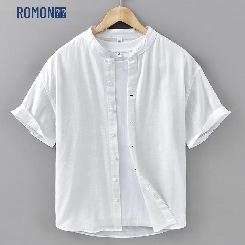 ROMON Men s Summer Cotton Linen Stand Collar Short Sleeve Shirt XL