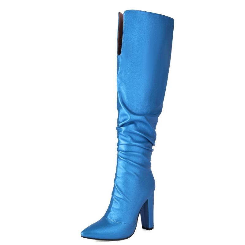 Western High Boots for Women 2024 Winter Knee High Boots Pointed Pink Blue Silver Heels Casual Long Shoes Female Large Size