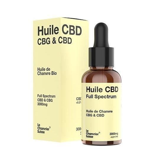 Huile CBD & CBG Bio Le Chanvrier Suisse, Full Spectrum 3000mg / 10%, (30ml), 100% Naturel, Vegan, Fabriquée en France.