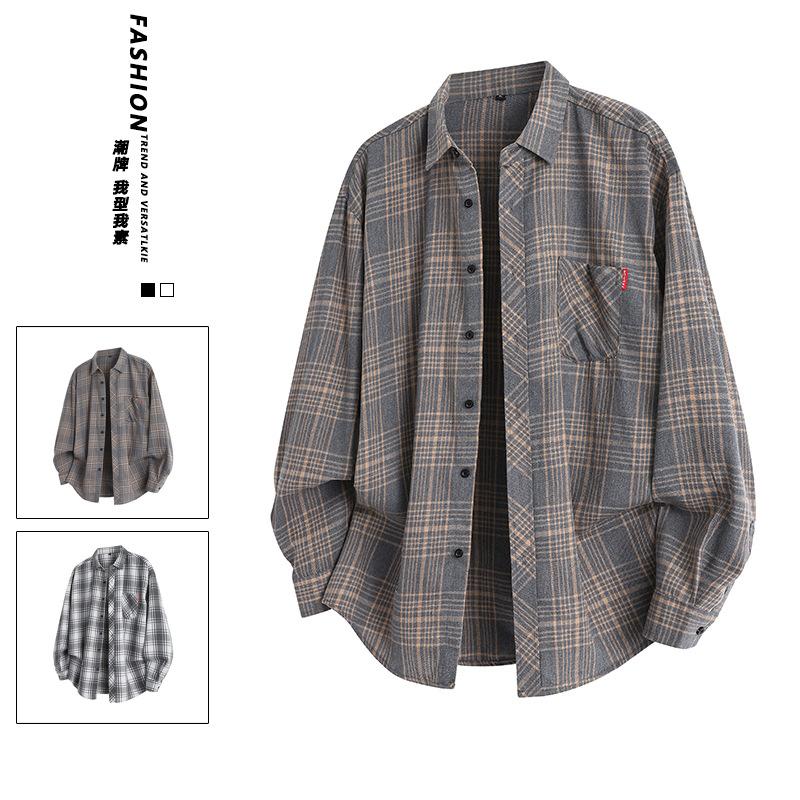 Vår och Höst Herr Rutig Skjortjacka Hong Kong Stil Herr Casual Lös Långärmad Skjorta
