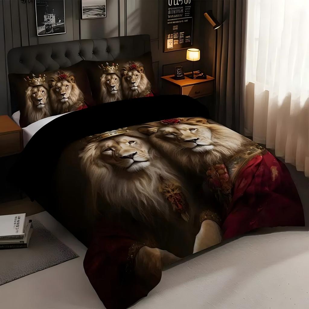 Crown Lions Pattern 3D Printed Duvet Cover Soft Comfortable Bedding Set Wildlife Theme Couple Style Quilt Cover Set Pillowcases
