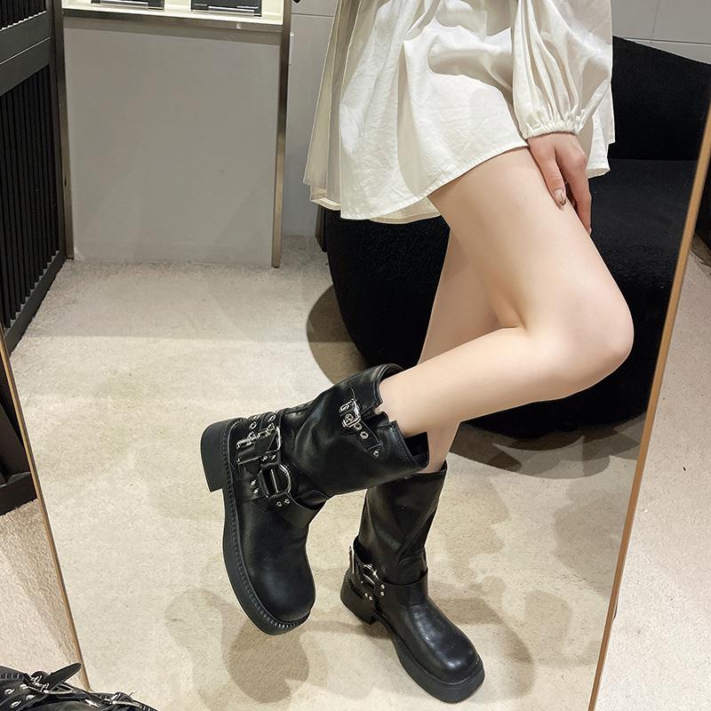 Women's Rivet Designer Thick-soled Short Leather Boots Low Heel Black Buckle New Style Punk Short Boots