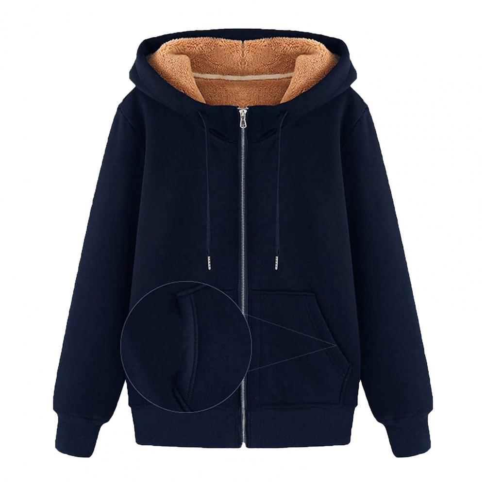 Women Hoodie Solid Color Zipper Autumn Winter Thicken Warm Sweatshirt for Office