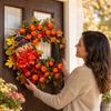 Pumpkin Wreath with Leaves, Berries and Twigs for Fall Home Decor