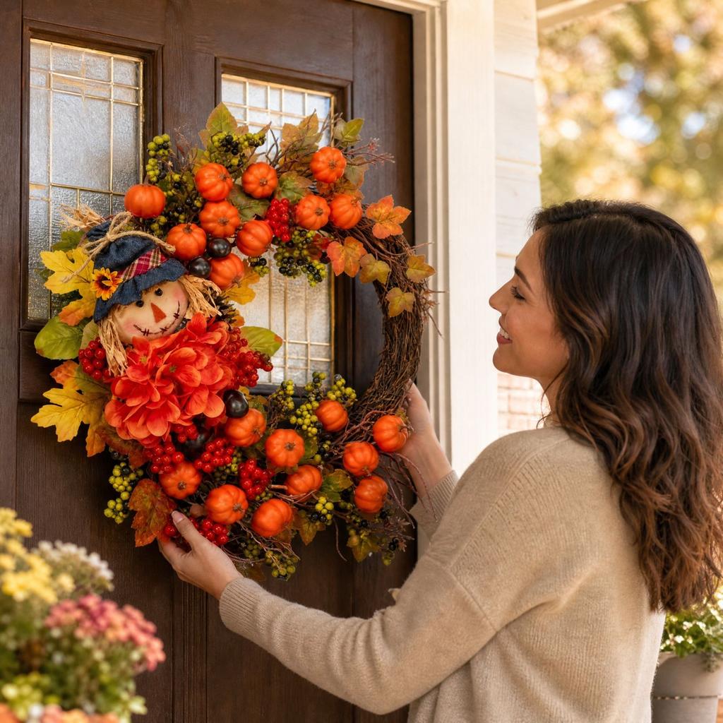 Pumpkin Wreath with Leaves, Berries and Twigs for Fall Home Decor