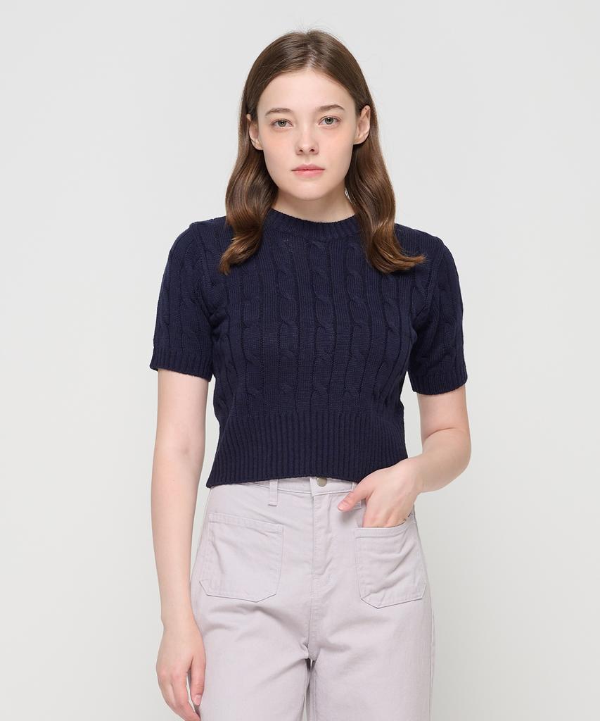 ROIDESROIS Cable Knit Short Sleeve Crop (Navy)