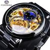 FORSINING Men's Tourbillon Moon Phase Automatic Mechanical Watch with Engraved Hollow Steel Band