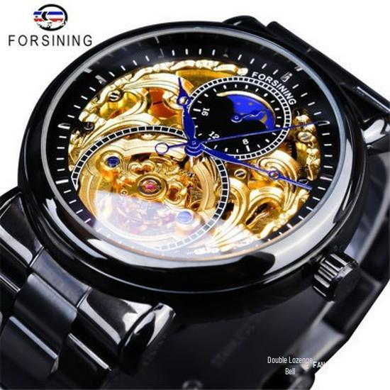 FORSINING Men's Tourbillon Moon Phase Automatic Mechanical Watch with Engraved Hollow Steel Band