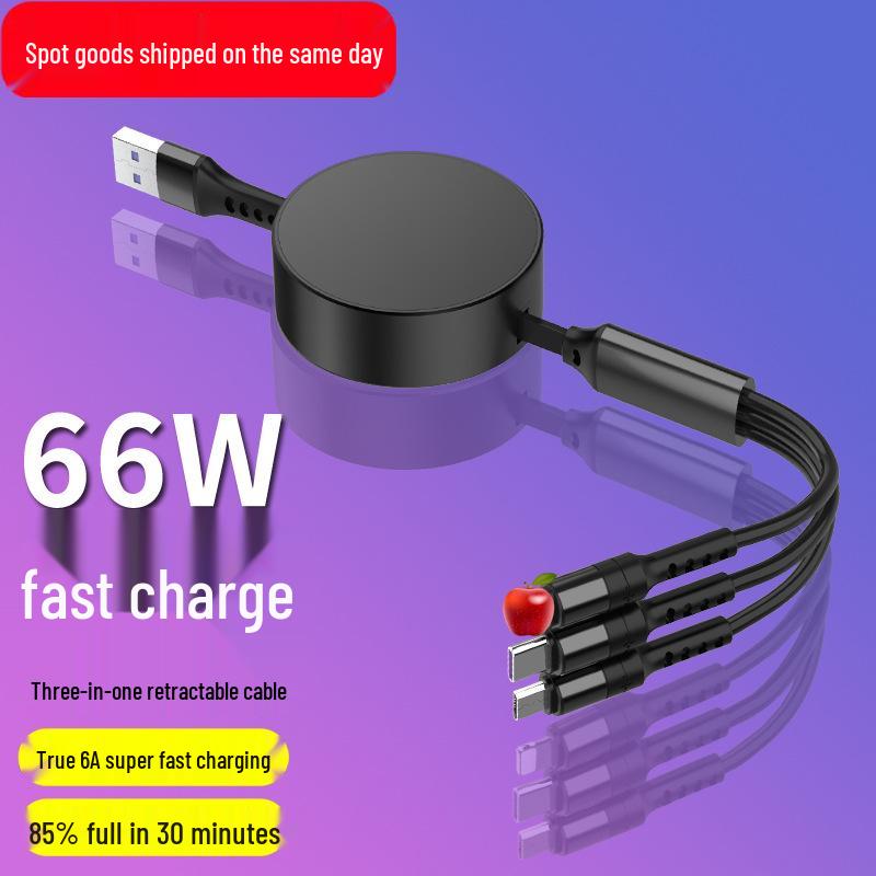 6A Retractable Multi-Device Super Fast Charging Cable with Three Connectors - Customizable Logo Option