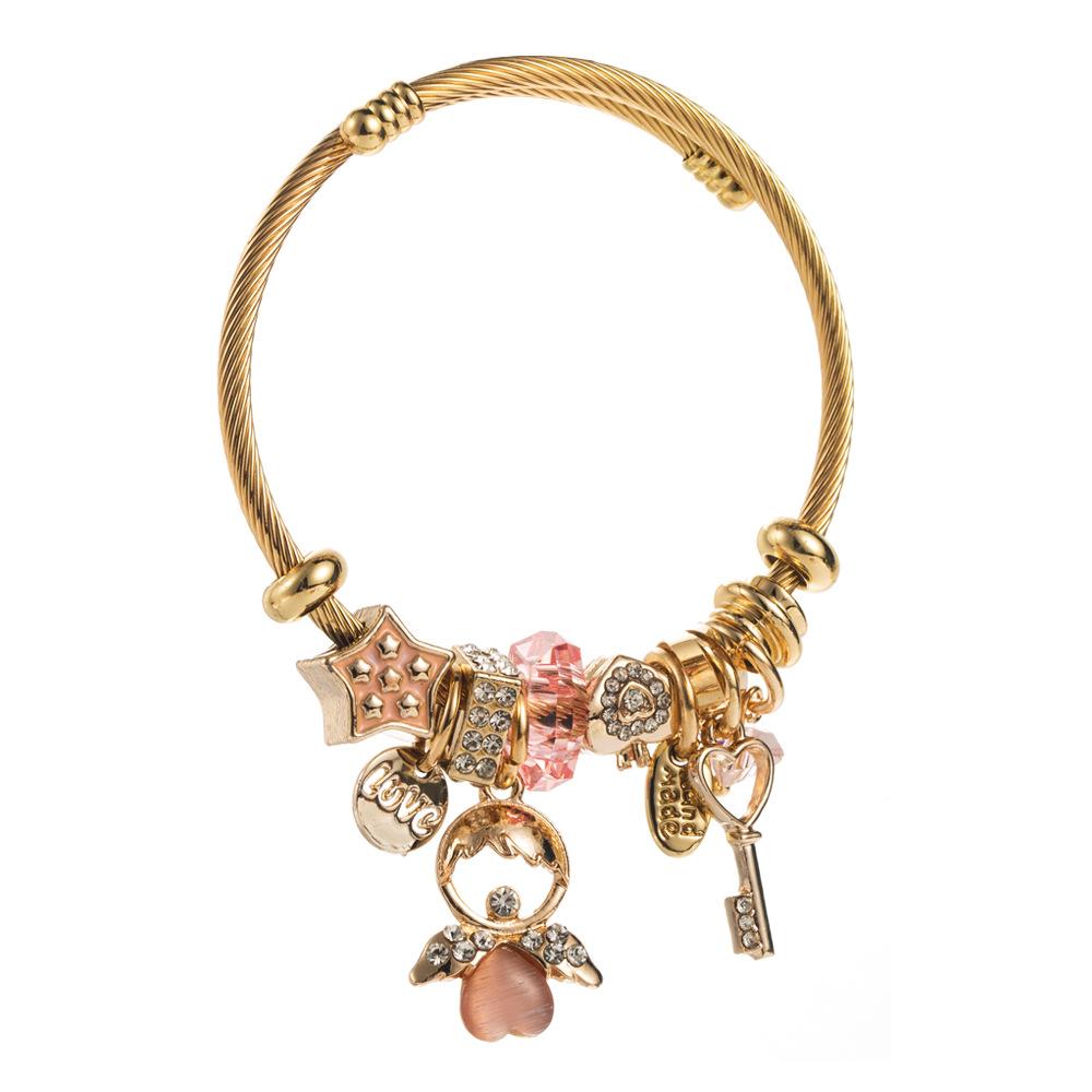 Women Rhinestone Angel Key Star Pendant Adjustable Bracelet
