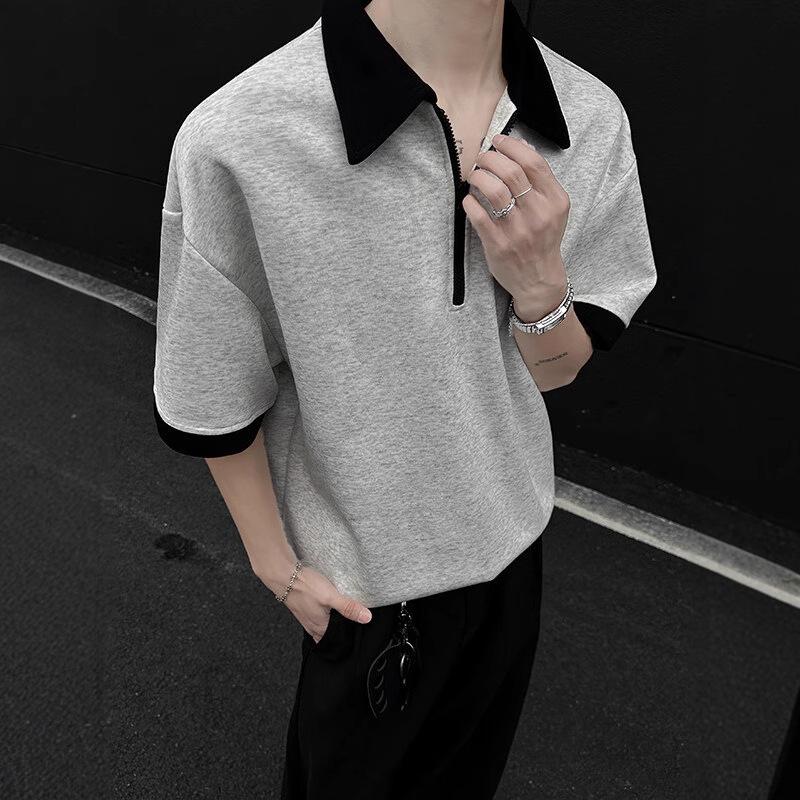 Men Half Zip Color Block Oversized Short Sleeve Polo Shirt Casual Loose Breathable Streetwear Summer Top