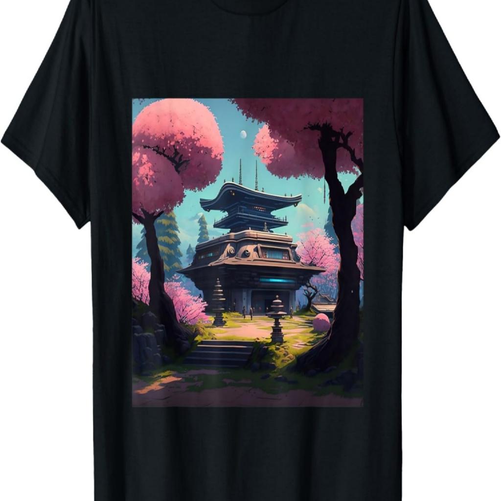Futuristic Shrine with Anime Cherry Blossoms T-Shirt