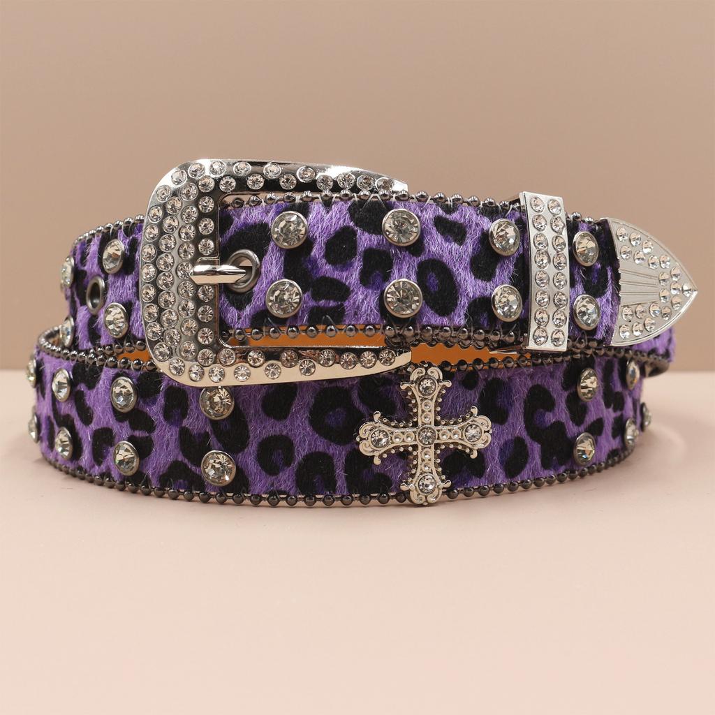 Cross Belt Leopard Print Western Rhinestone Belt Personalized Denim Woman Rivet Jeans Belt