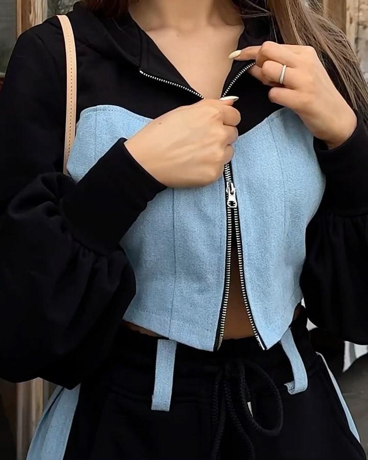 Fashion Casual Suit Denim Patchwork Hooded Top, Long Pants Two-piece Set, Women's Clothing