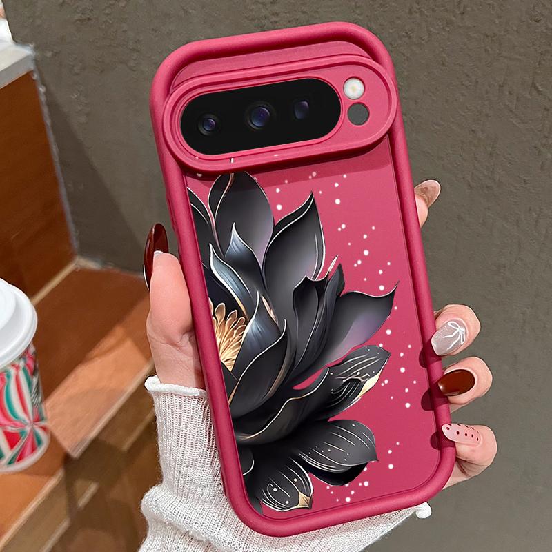 Black Rose Lotus Flower Pattern Phone Case For Google Pixel 8 7 Pro 8A 9 Pro XL Candy Color Soft TPU Silicone Shockproof Cover For Pixel 9 8 7 Pro