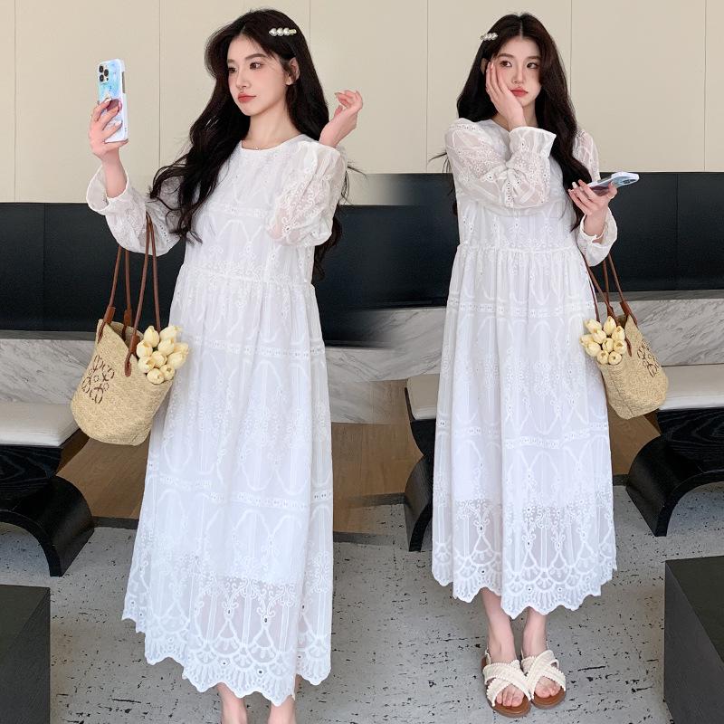 2024 Spring Korean Style Embroidered Round Neck Long Sleeve Elegant Maternity Plus Size Dress