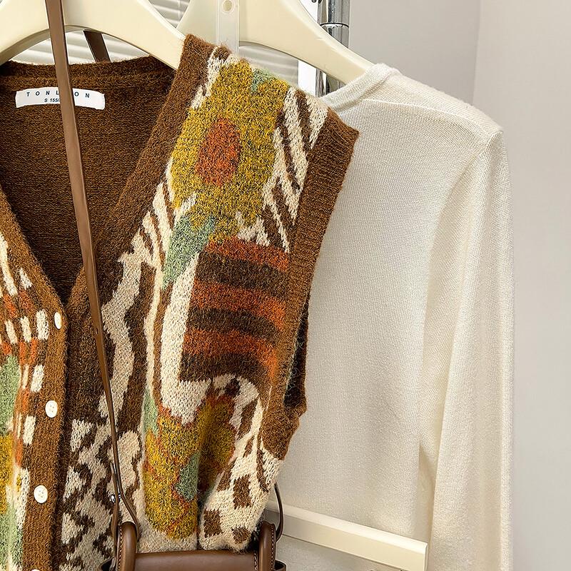 TonLion Women's Retro V-Neck Cardigan Vest