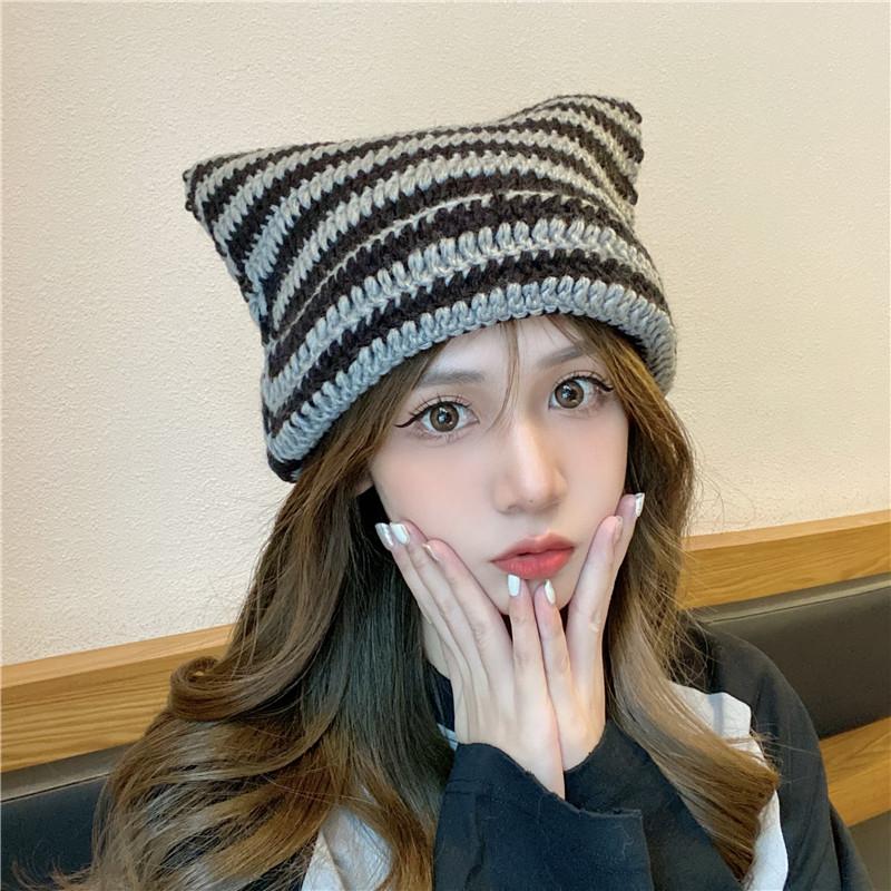 Little Devil Striped Knitted Wool Hat Female Cute Cat Ears Pointed Hat Pullover Ear Cap