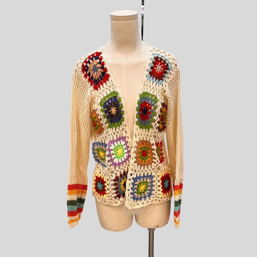 Vintage Rainbow Color Block Crochet Shawl Cardigan Loose Knit Top