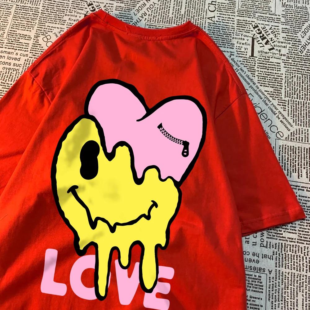 

Футболки с надписью «Счастливое лицо и больное сердце», дышащая футболка с круглым вырезом для пары, свободная одежда, летние футболки больших размеров, хлопковая футболка XXXXXL слоновая кость