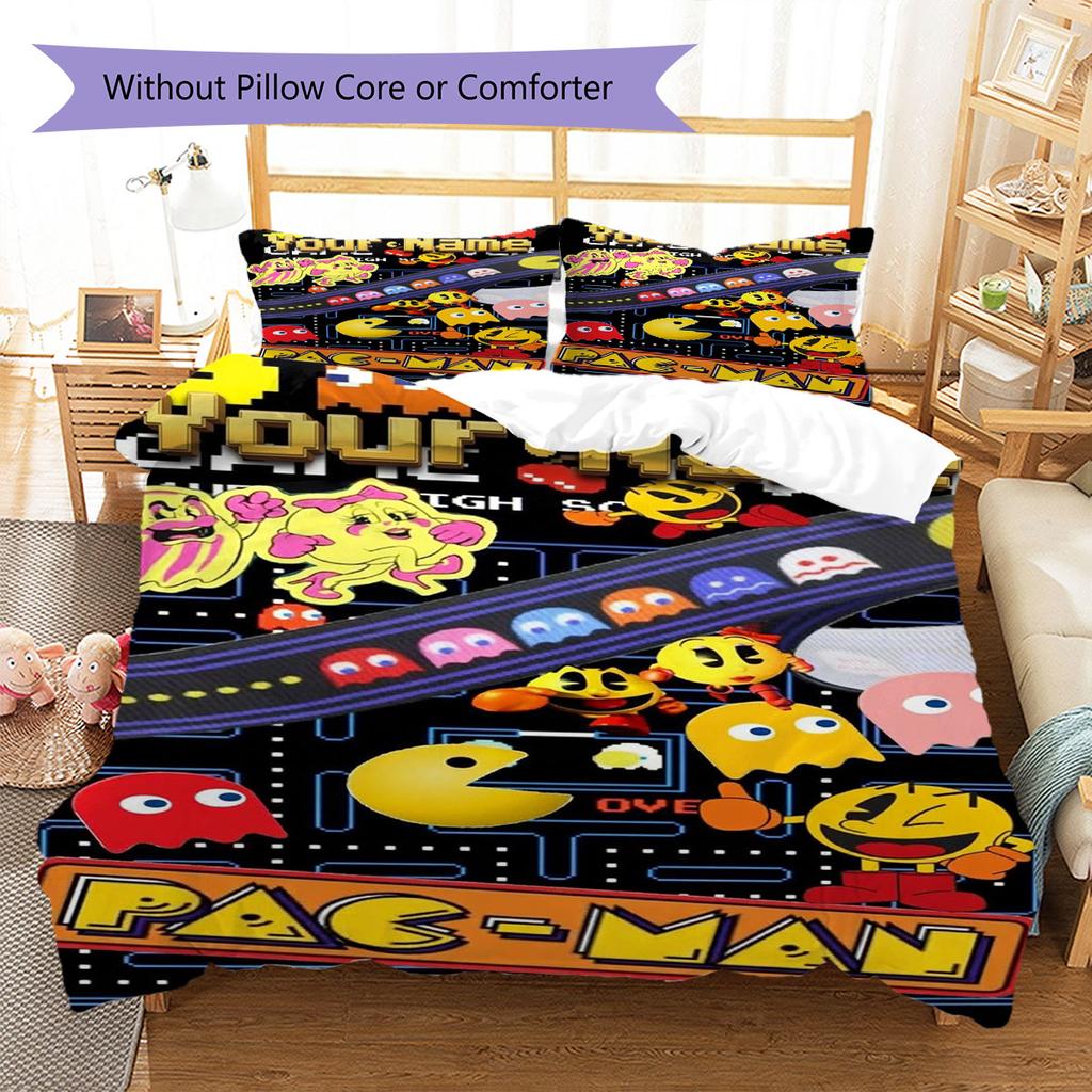 Pac-Man Custom Name Pattern Bedding,Quilt Set Quilt Cover Pillowcase Home Birthday Gift(1 * Duvet Cover + 2 * Pillowcase, Without Core)