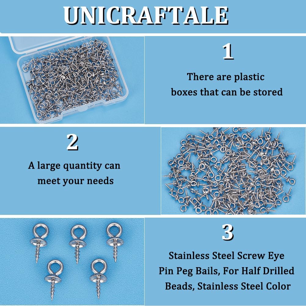 UNICRAFTALE 150pcs 10x4mm Stainless Steel Screw Eye Pin Peg Bails Small Screw Eye Pins Clasps Hooks 1.5mm Pin Eye Screws Connectors for Half Drilled