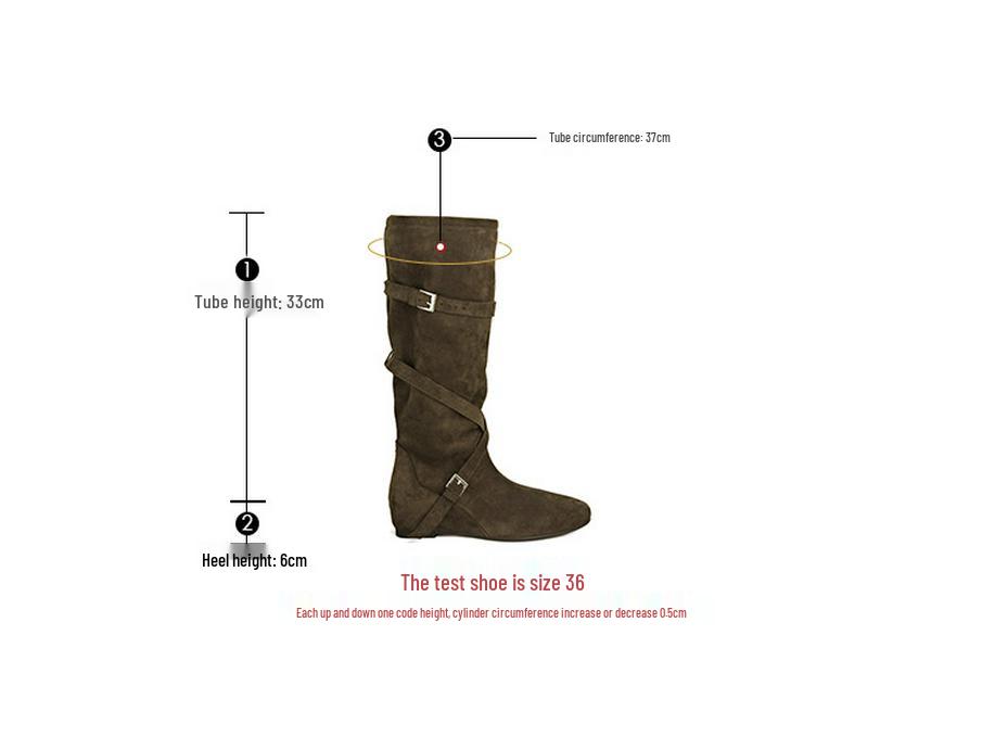 Women's 6CM Inner Height Retro Western Knee-High Cowboy Boots with Round Toe, Buckle Strap, and Soft Ruched Design.