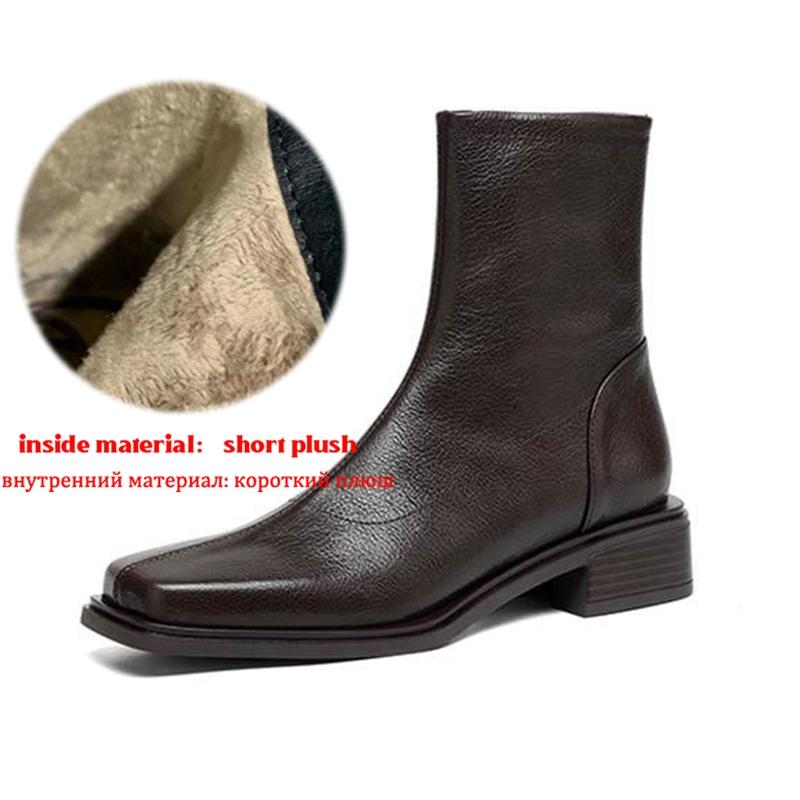

Krazing Pot Sheepskin Winter Square Toe Western Boots Med Heels Zipper Pleated Decoration Women Ankle Boots 42